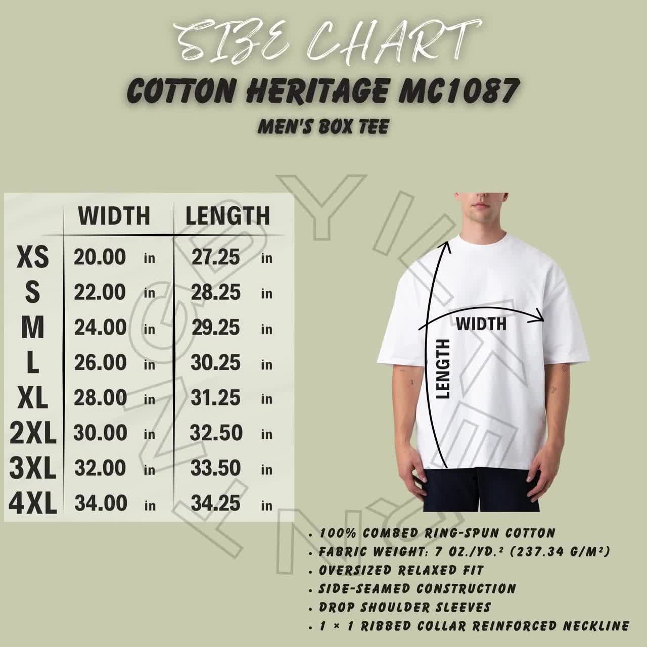 Cotton Heritage MC1087 Size Chart | Men's Box Tee Size Chart