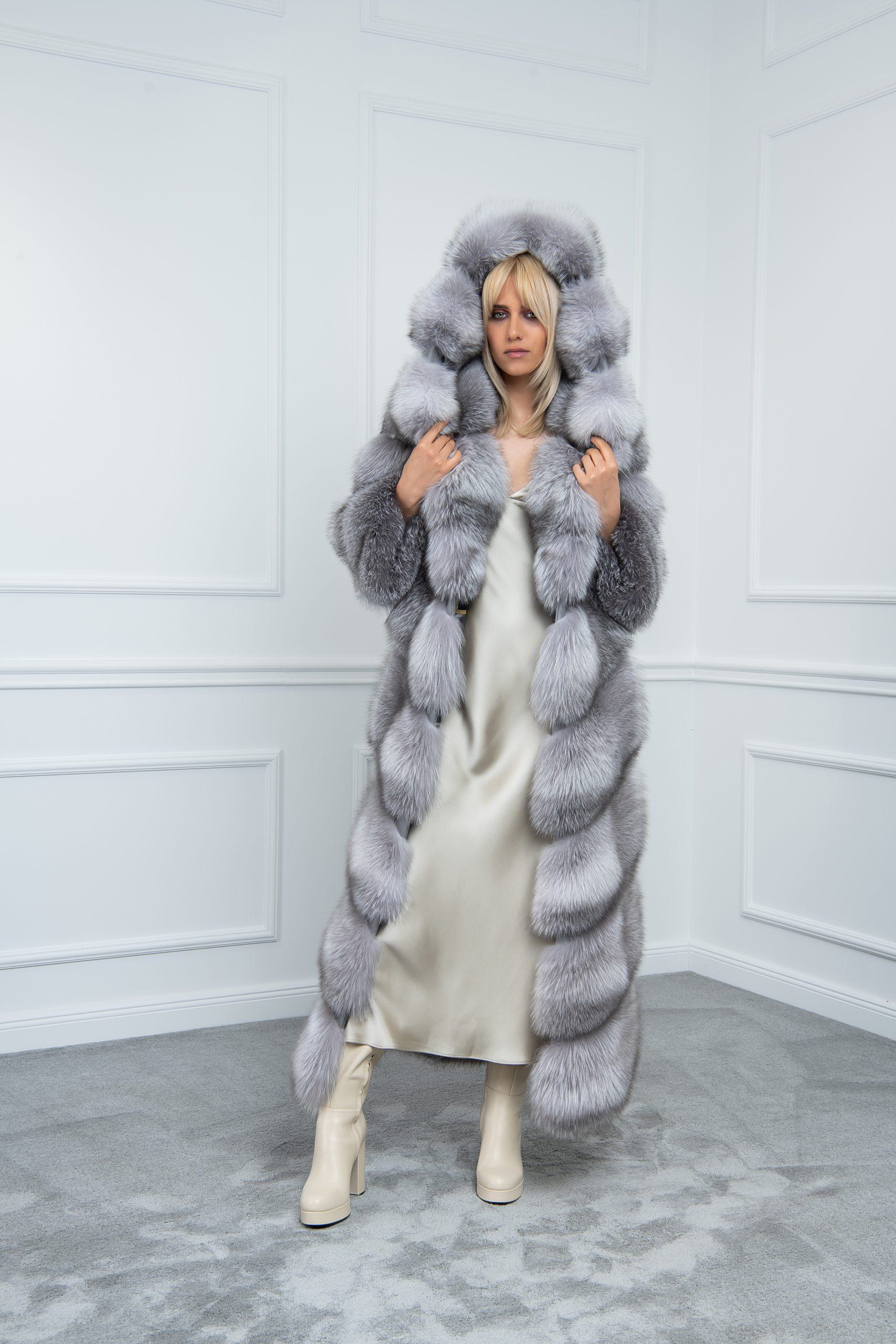 Sapphire Frost Fox Coat with Hood | Shopifur