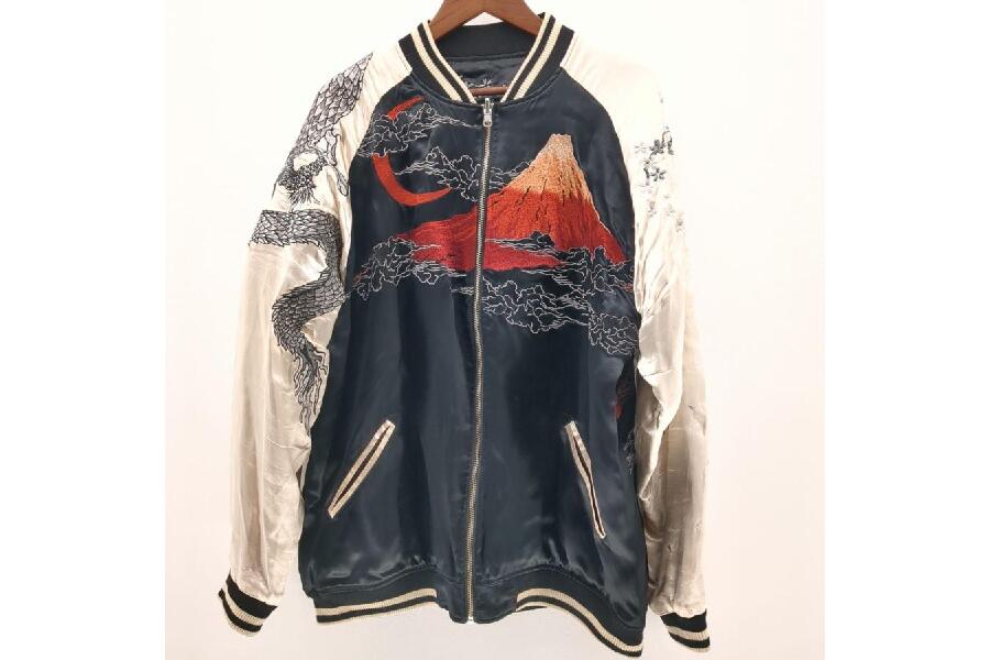 絡繰魂 スカジャン ブラック×ベージュ 龍神×富士刺繍 SIZE XXL