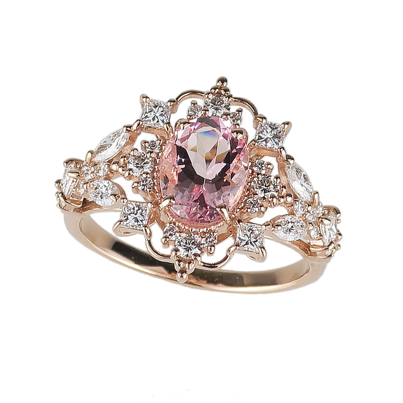 K18ピンクゴールド モルガナイト/ダイヤモンド0.8ct アンティーク風