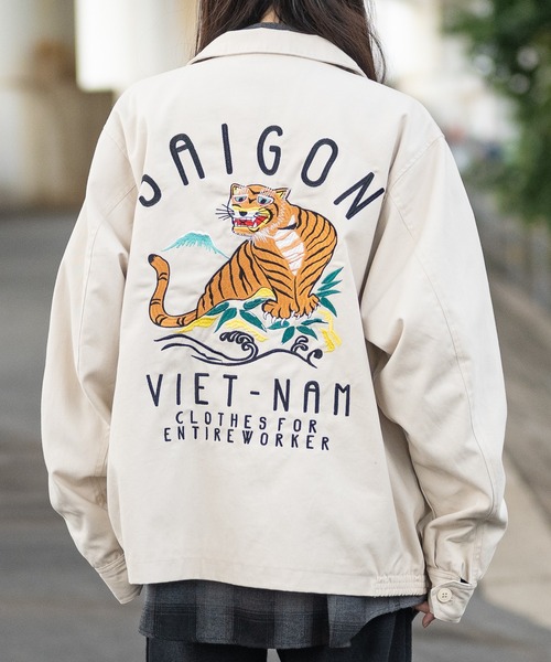 13】裏付きツイル ベトナムジャケット/ベトジャン 虎刺繍（ミリタリー