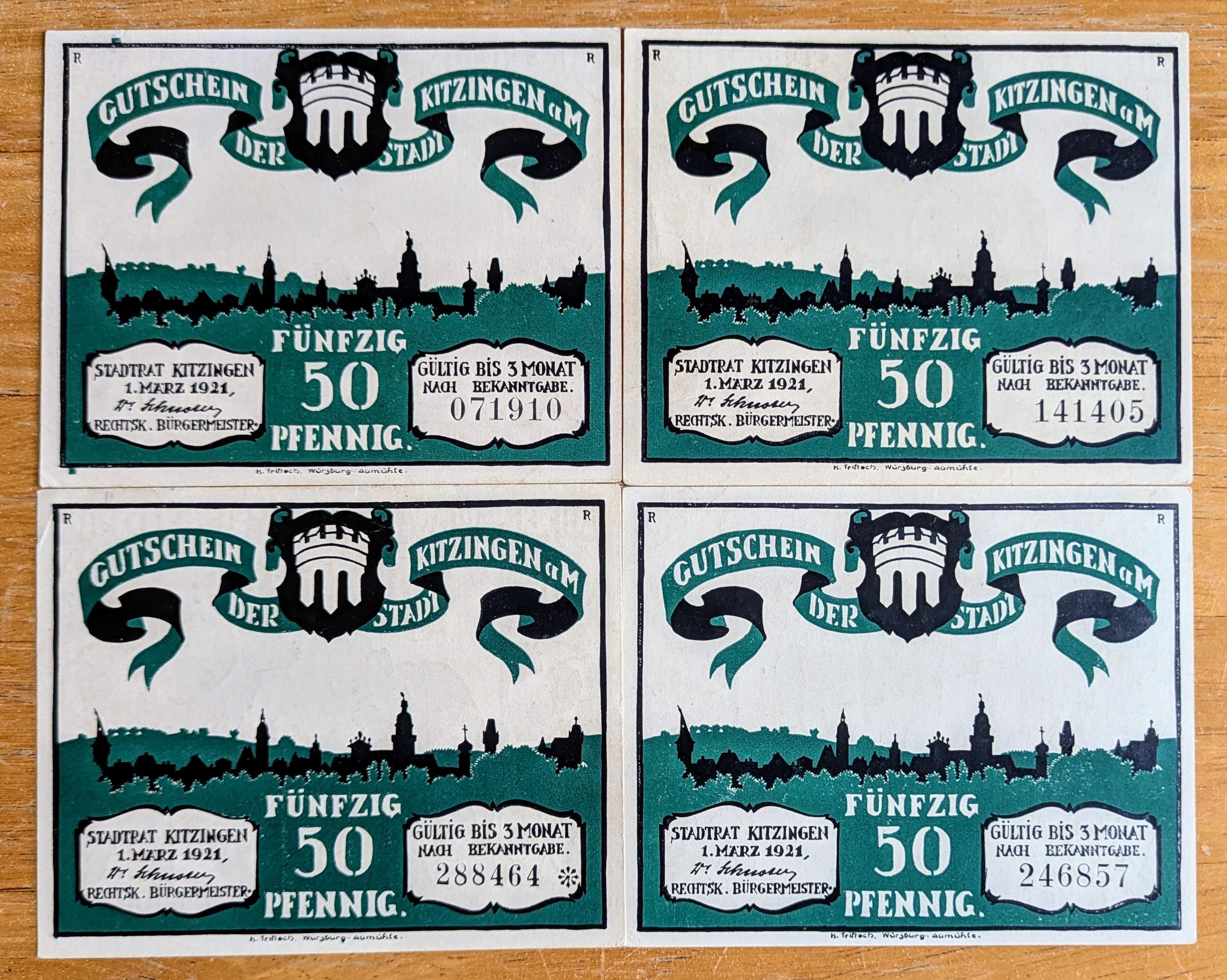 1921年 キッツィンゲン ドイツ 50 ペニヒ ノットゲルト セット - 4種類