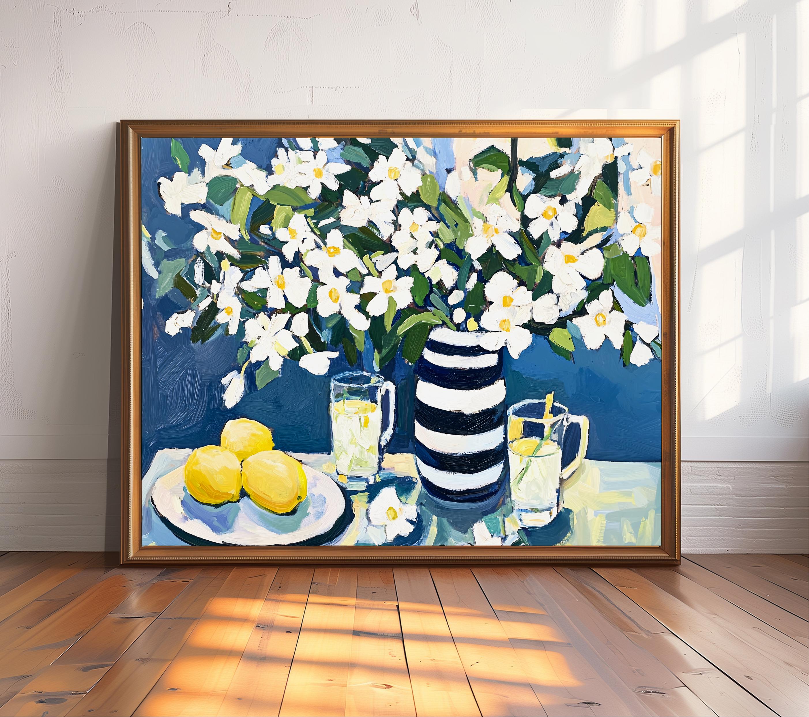 白い花の静物画、レモンとガラスの印象派の壁画、青とピンクのキッチン