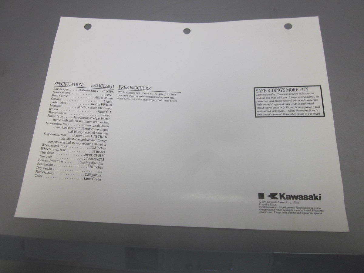 Kawasaki Factory Dealer Specifications Specs Sheet 1992 KX250 J1