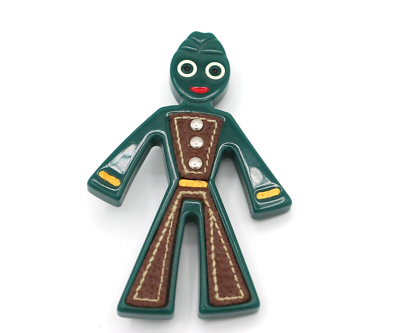 Auth Prada Green Bakelite Brown Leather Sailor Gumby Pin Brooch