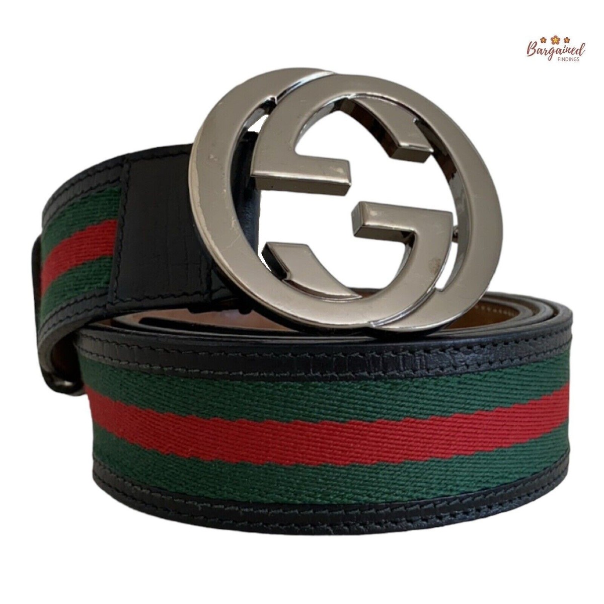 Authentic Gucci Web Green/Red Canvas Silver Interlocking G Buckle