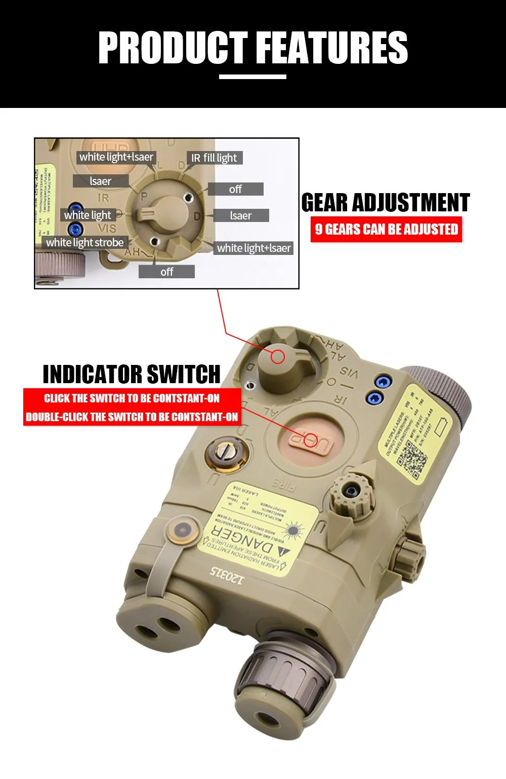 WADSN Tactical PEQ 15 LA5 Green Blue Red Dot Laser with IR