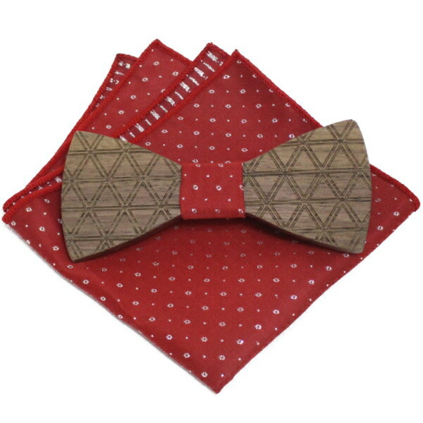 蝶ネクタイ メンズ 結婚式 新郎 ワンタッチ 木製 レッド チーフ