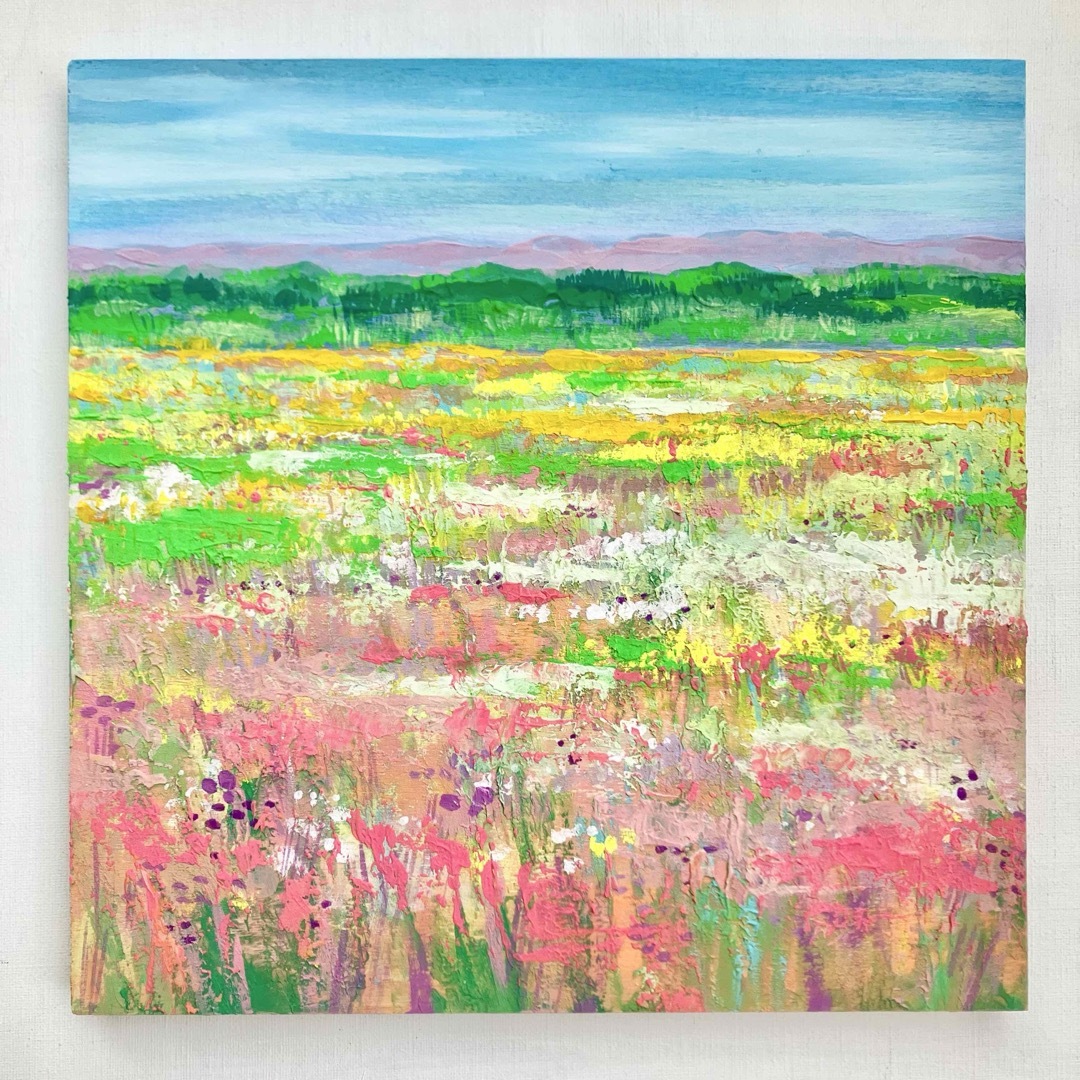 一面に咲く花＊絵画 風景画 春 花畑 テクスチャーアートの通販 by