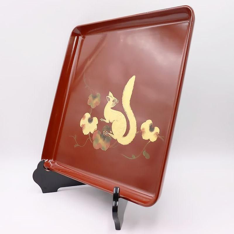 折敷 輪島塗 古代朱 沈金 大正昭和初期 四方盆 36cm