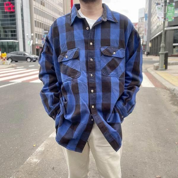 90s FIELD&STREAM ブロックチェック柄 長袖 ネルシャツ 3XL-T 青黒系