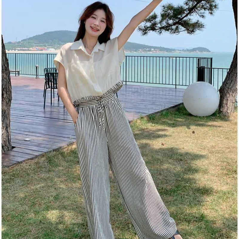 ブラウ×ストライプワイドパンツセット(白・黒) 春/夏 スタイリッシュな