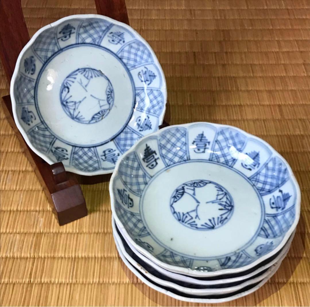 ★江戸後期！古伊万里 染付 鉢/なます皿５客！寿字紋！直径 約13.5㎝！★ ☆江戸後期！古伊万里 染付 鉢⁄なます皿5客！寿字