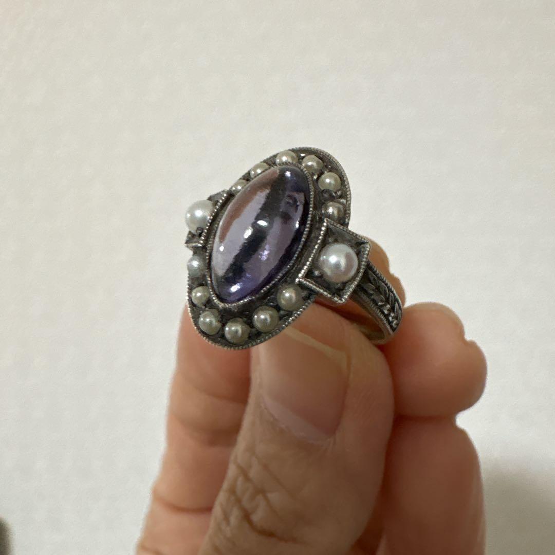 合成サファイアとベビーパールのヴィンテージリング