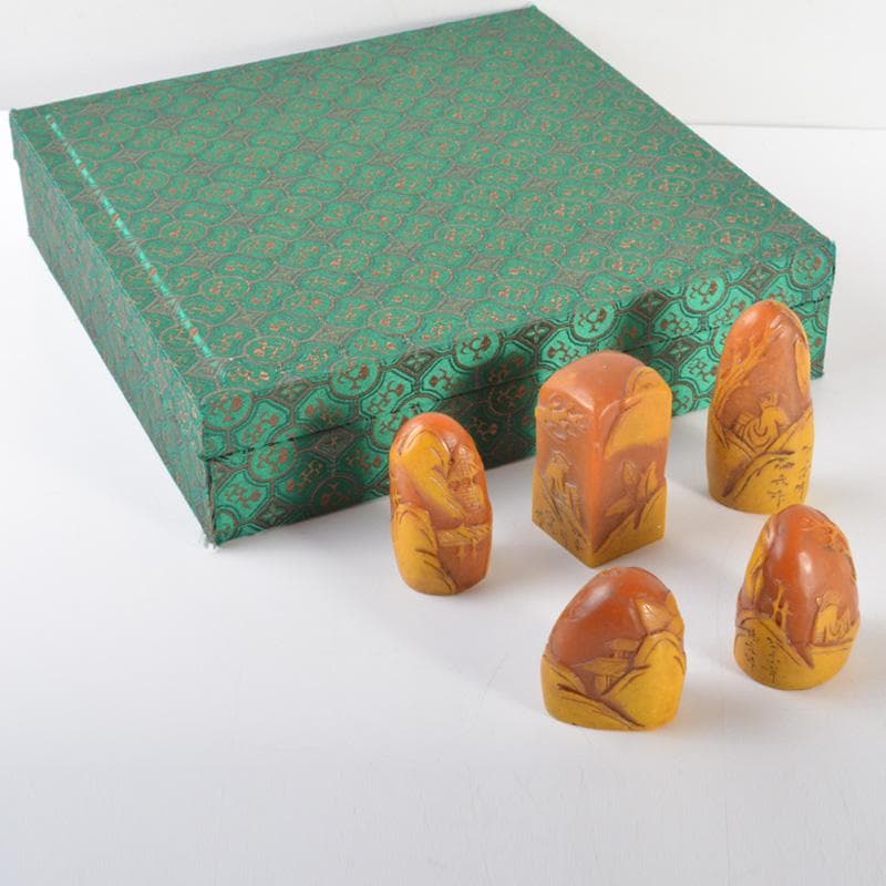 中国　篆刻　玉石寿山石彫刻　山水人物刻　印材　5点　箱付　V　6006