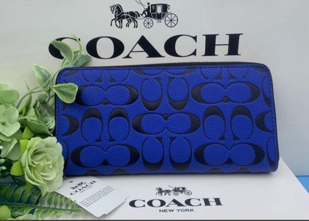 新品未使用コーチ長財布シグネチャーロングジップブルーレディースメンズ送料無料