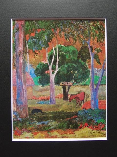 ゴーギャン、【豚と馬のいる風景】、希少な画集画、新品高級額 額装付