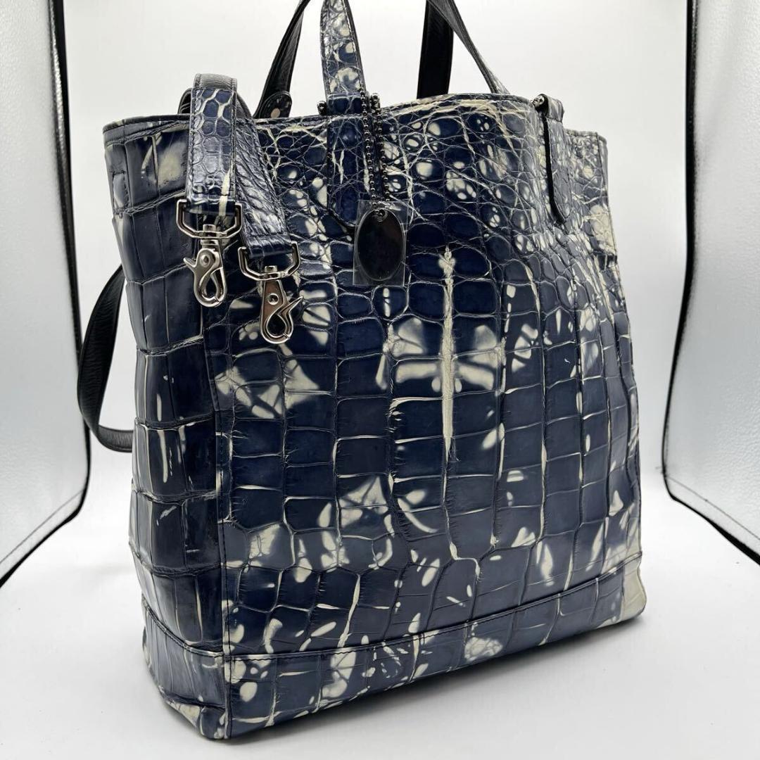 JRA認定 マットクロコ 2way トートバッグ メンズ ブルー ホワイト A4