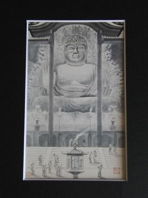 穐月明、【大佛殿】、希少な額装用画集より、新品額装付、状態良好