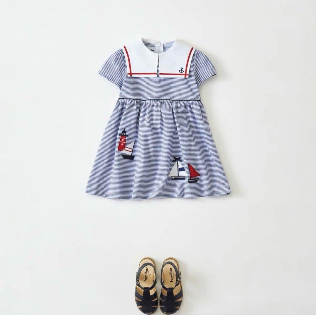 美品 familiar ファミリア 半袖マリンワンピース ブルー ボーダー110