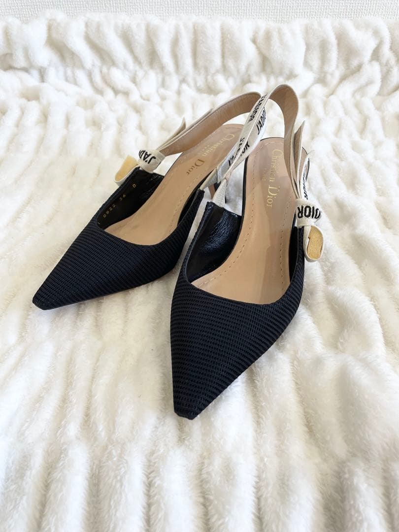 美品　ディオール　Dior　スリングバックパンプス　リボンファブリック　36d