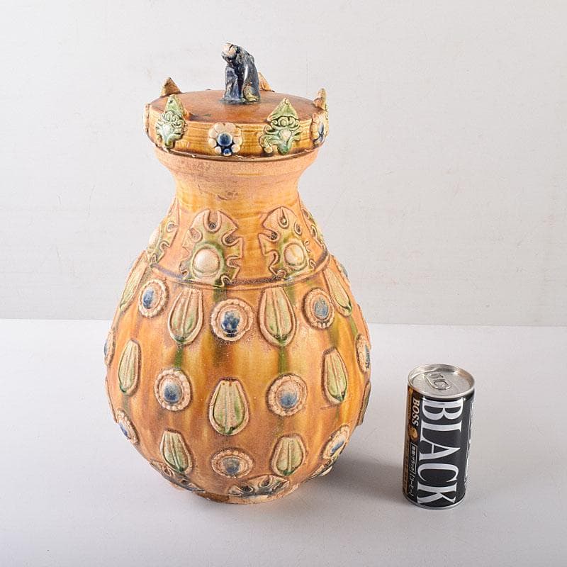 中国　唐三彩　蓋壷　飾壷　C　R8561H