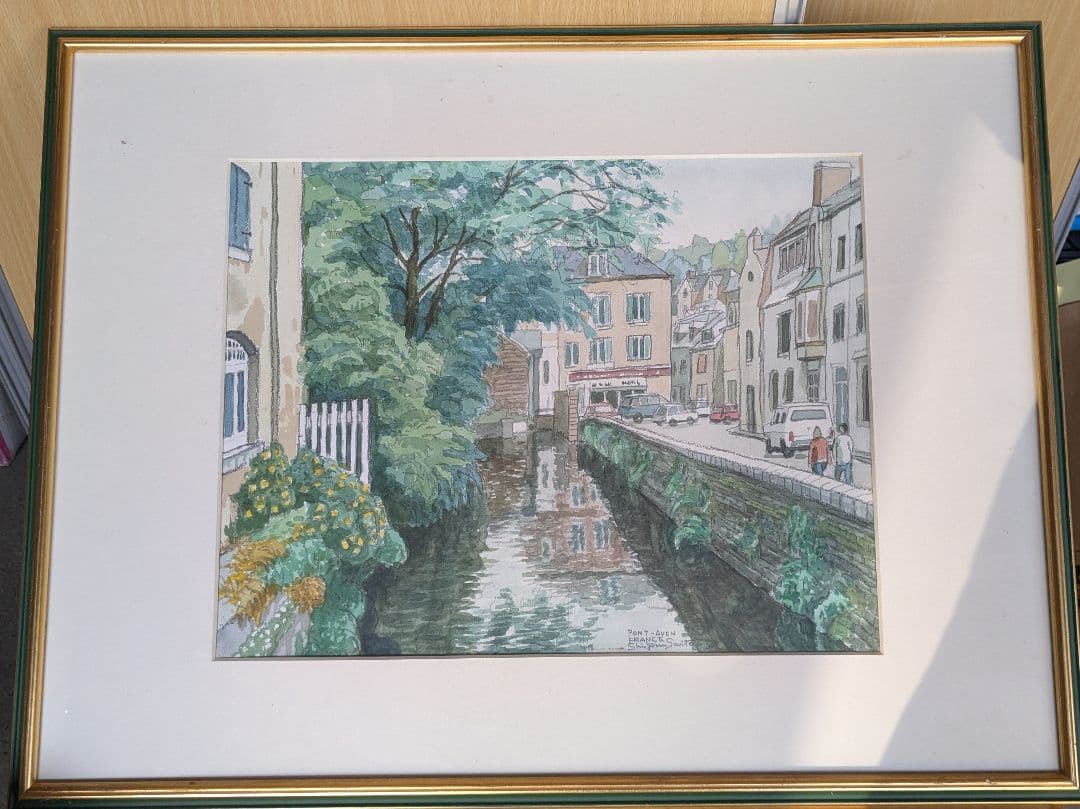 「ポン・タヴァンの町」斎藤茂作　 水彩画 フレーム付き