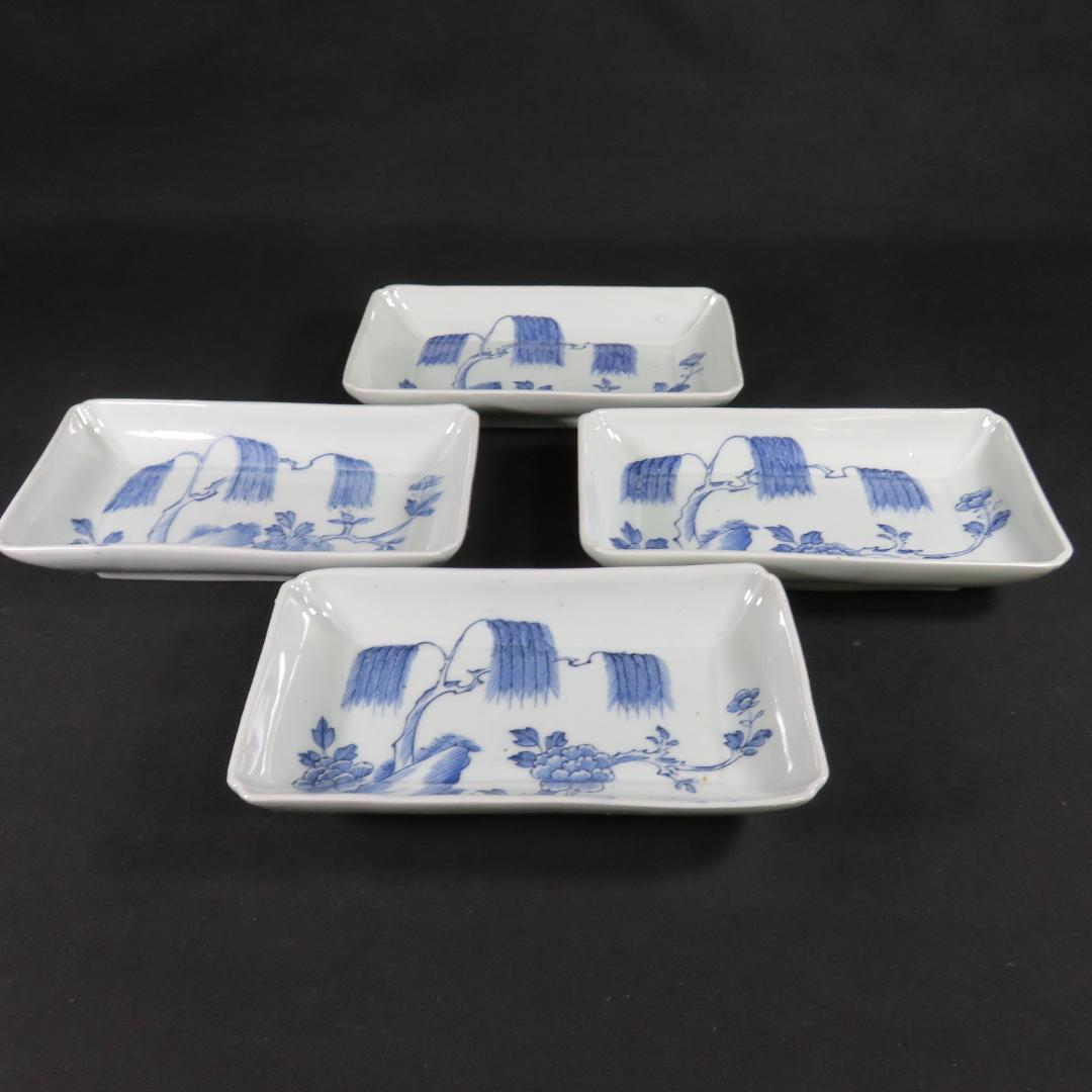 長皿 長角皿 染付 線画 4枚 窯傷 スレ僅か 美品 柳