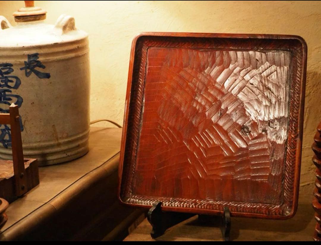 讃岐盆　超美品　木製彫刻模様入り　正方形　お盆　トレー　3枚セット